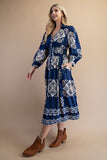 Tile Print Full Zip Long Sleeve Midi Dress