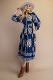 Tile Print Full Zip Long Sleeve Midi Dress