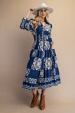 Tile Print Full Zip Long Sleeve Midi Dress
