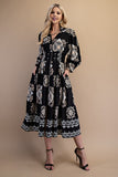 Tile Print Full Zip Long Sleeve Midi Dress