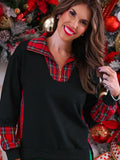 Holiday Plaid Trim Quarter Zip Pullover- Black