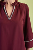 Ruffled Mandarin Collar Shag Accent Blouse