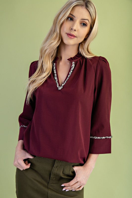 Ruffled Mandarin Collar Shag Accent Blouse