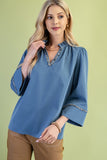 Ruffled Mandarin Collar Shag Accent Blouse