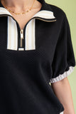 Textured Half Zip Color Block Top - Black