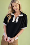 Textured Half Zip Color Block Top - Black