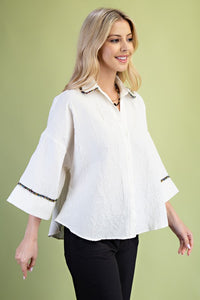 Crinkle Button Down Top With Bead Trim Details