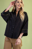 Crinkle Button Down Top With Bead Trim Details