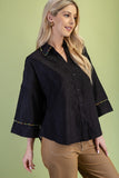 Crinkle Button Down Top With Bead Trim Details