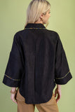 Crinkle Button Down Top With Bead Trim Details