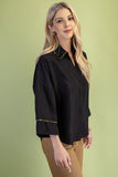 Crinkle Button Down Top With Bead Trim Details