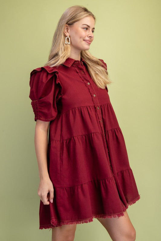 Linen Button Up Shirt Dress - Merlot