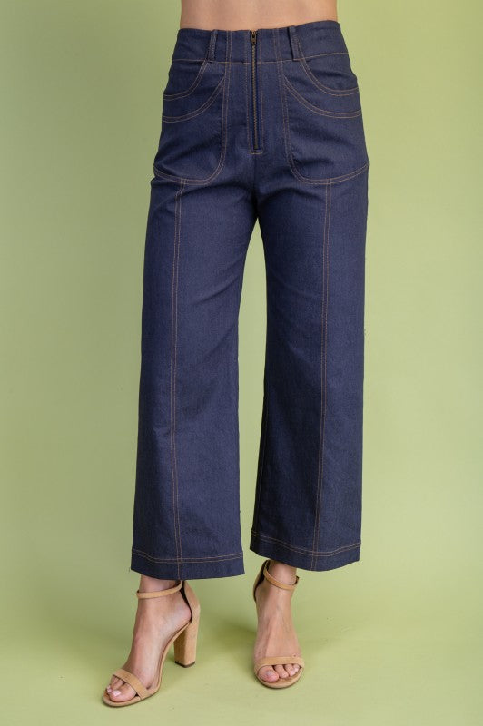 Ankle Skimmer Contrast Stitch Wide-Leg Denim
