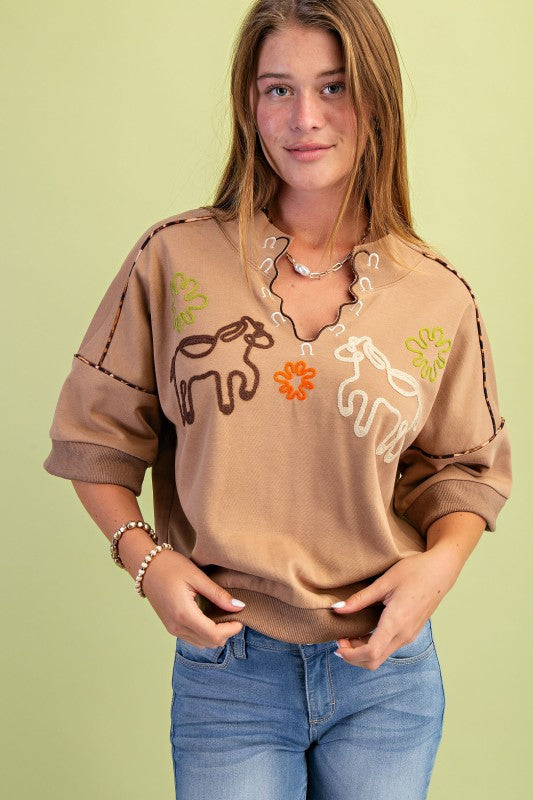Western Embroidered Short Sleeve Sweatshirt