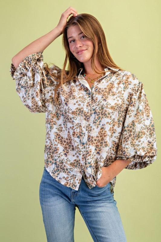 Maren Golden Safari Blouse – Neutral Leopard