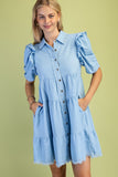 Calla Gathered Sleeve Soft Denim Tiered Dress