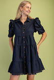 Calla Gathered Sleeve Soft Denim Tiered Dress