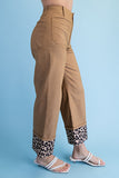 Ankle Skimmer Wide Leg Pants - Khaki w/Leopard Cuff