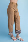 Ankle Skimmer Wide Leg Pants - Khaki w/Leopard Cuff
