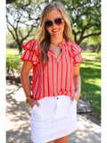 Striped Ruffle Sleeve Split Neck Top