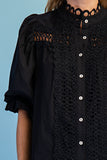 Scalloped Lace Puff Sleeve Button-Up Blouse