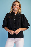 Scalloped Lace Puff Sleeve Button-Up Blouse