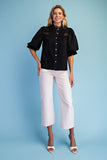 Scalloped Lace Puff Sleeve Button-Up Blouse