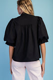 Scalloped Lace Puff Sleeve Button-Up Blouse