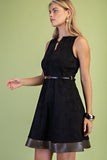 Belted Faux Suede Mini Dress with Contrast Hem- Black