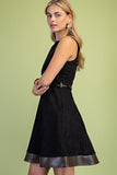 Belted Faux Suede Mini Dress with Contrast Hem- Black