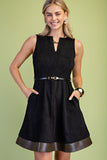 Belted Faux Suede Mini Dress with Contrast Hem- Black