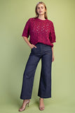 High Rise Contrast Stitch Cropped Wide Leg Jeans