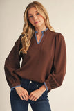 Harvest Poise Contrast Trim Split Neck Blouse