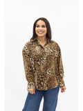 Leopard Print Collared Button Front Long Sleeve Blouse- Leopard