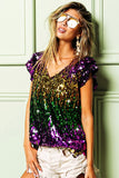 Mardi Gras Ruffle Shoulder Sequin Top