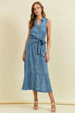 Tencil Button-Front Tie Waist Midi Dress w/Ruffle