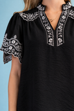 Scalloped Embroidered Flutter Sleeve Blouse- Black