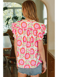 Floral Ruffle Sleeve Ric-Rac Trim Split Neck Blouse - Pink/Green