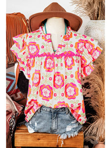 Floral Ruffle Sleeve Ric-Rac Trim Split Neck Blouse - Pink/Green