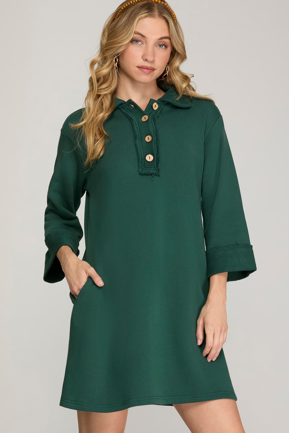 Harper Button-Front Sweatshirt Shift Dress - Forest Green Medium Harper Button-Front Sweatshirt Shift Dress - Forest Green Medium