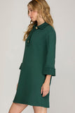 Harper Button-Front Sweatshirt Shift Dress - Forest Green