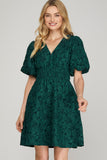 Floral Jacquard V-Neck Short Sleeve Dress