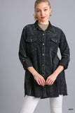 Mineral Wash Button-Up Shirt Dress with Raw Hem