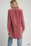 Mineral Wash Button-Up Shirt Dress with Raw Hem