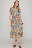 Mediterranean Swirl Maxi Shirt Dress w/Belt Tie