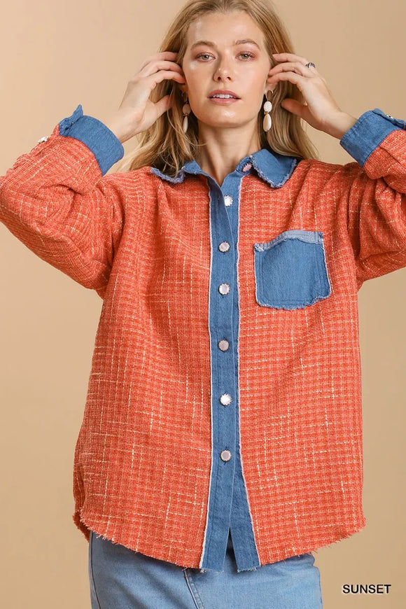 Chanel Inspired Plaid Collared Shacket - Orange/Denim
