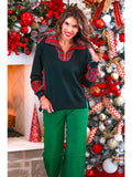 Holiday Plaid Trim Quarter Zip Pullover- Black