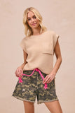 Pink Pop Braided Belt Utility Shorts - Camo