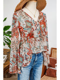 Boho Deep V Neck Knot Bell Sleeve Blouse - Floral Taupe