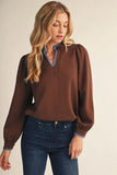 Harvest Poise Contrast Trim Split Neck Blouse